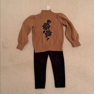 Janie and Jack Brown Sweater with Black Floral Design and corduroy pants